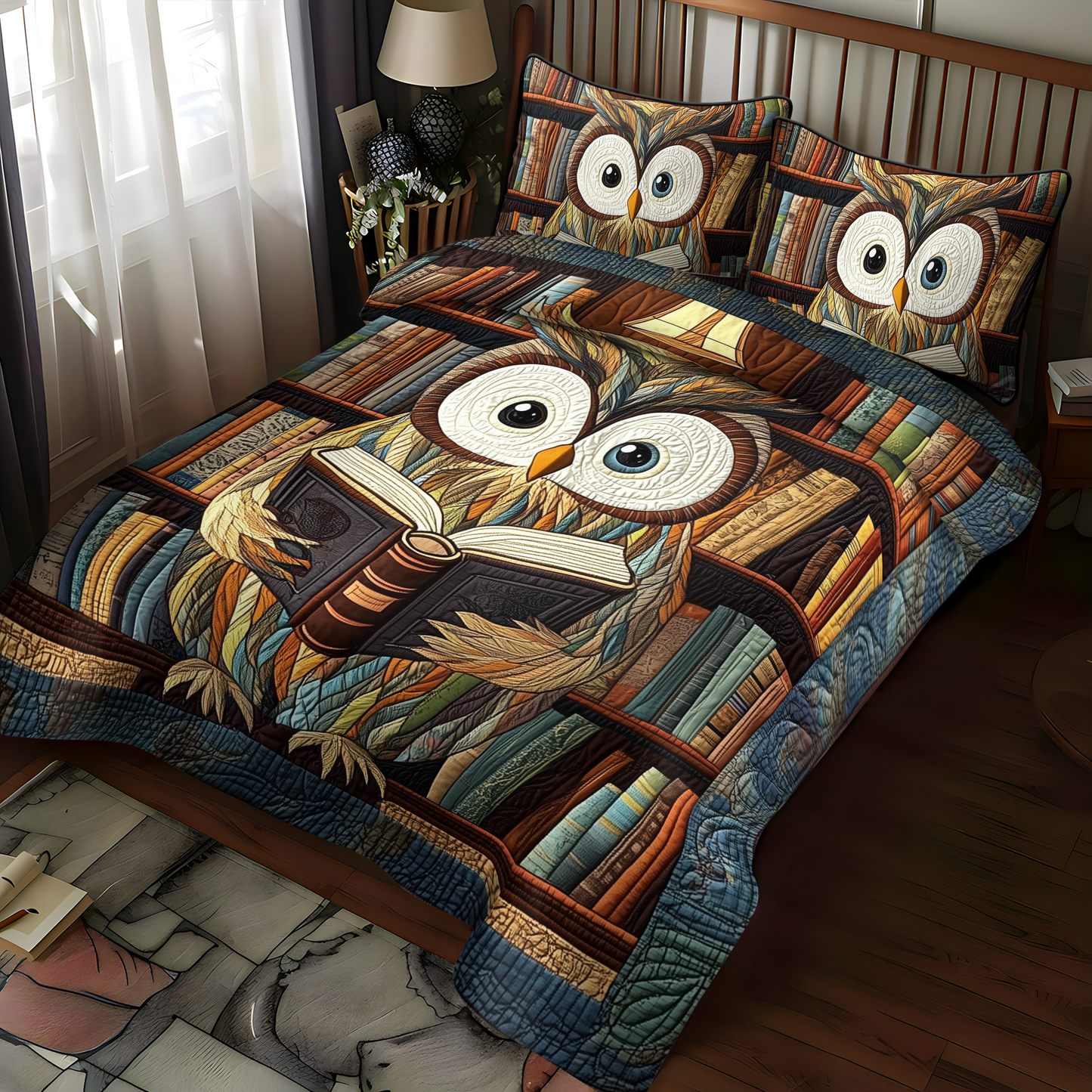 Owl Literary Flight 3-Piece Quilted Bedding Set NCU0DK1351