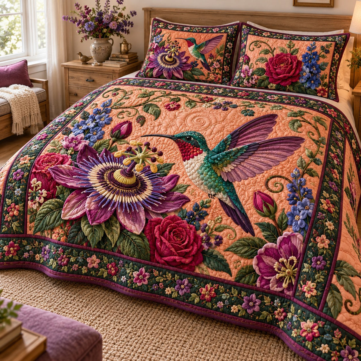 Passionflower Peach Hummingbird 3-Piece Quilted Bedding Set NCU0NTD2429
