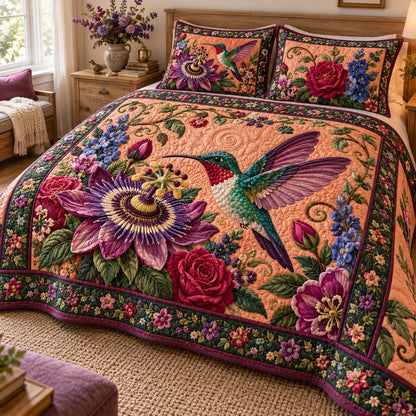 Passionflower Peach Hummingbird 3-Piece Quilted Bedding Set NCU0NTD2429