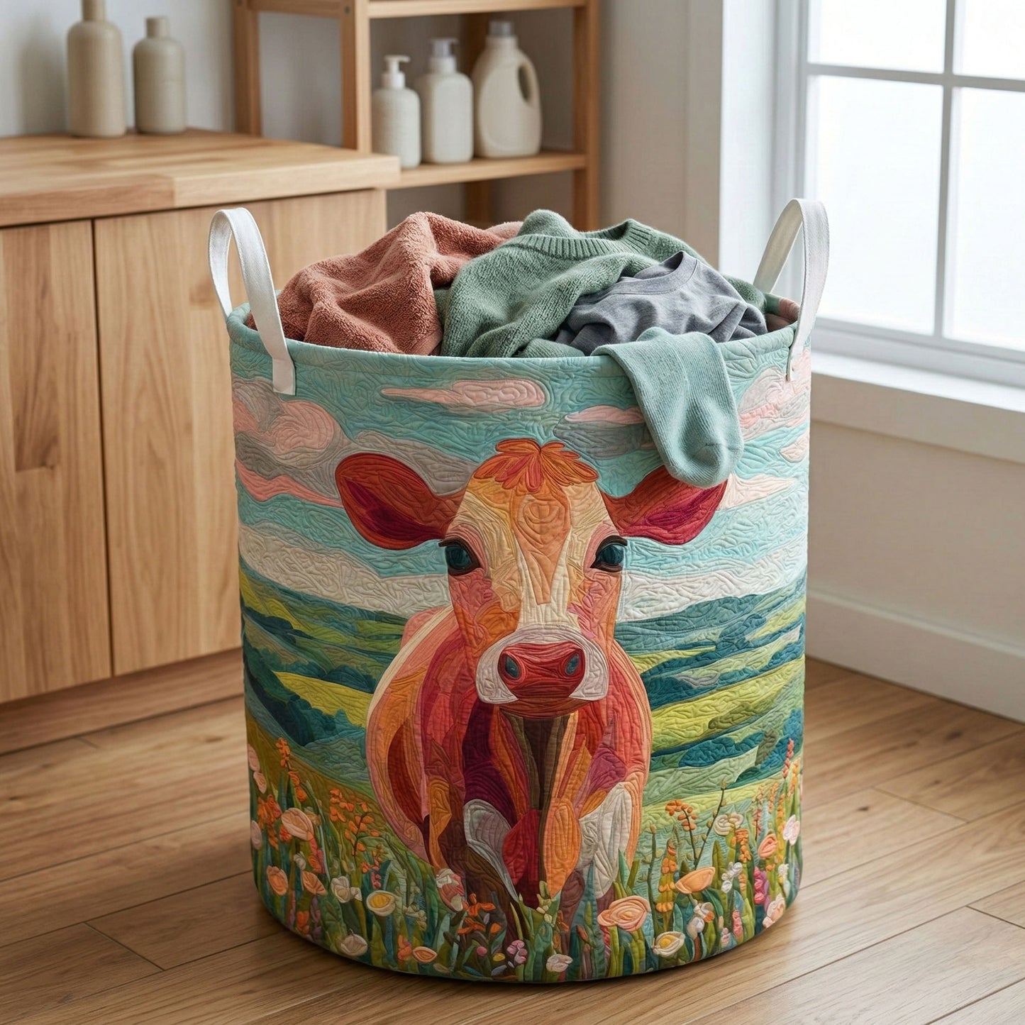 Pastel Cow Meadow Quilted Laundry Basket NCU0NNT3054