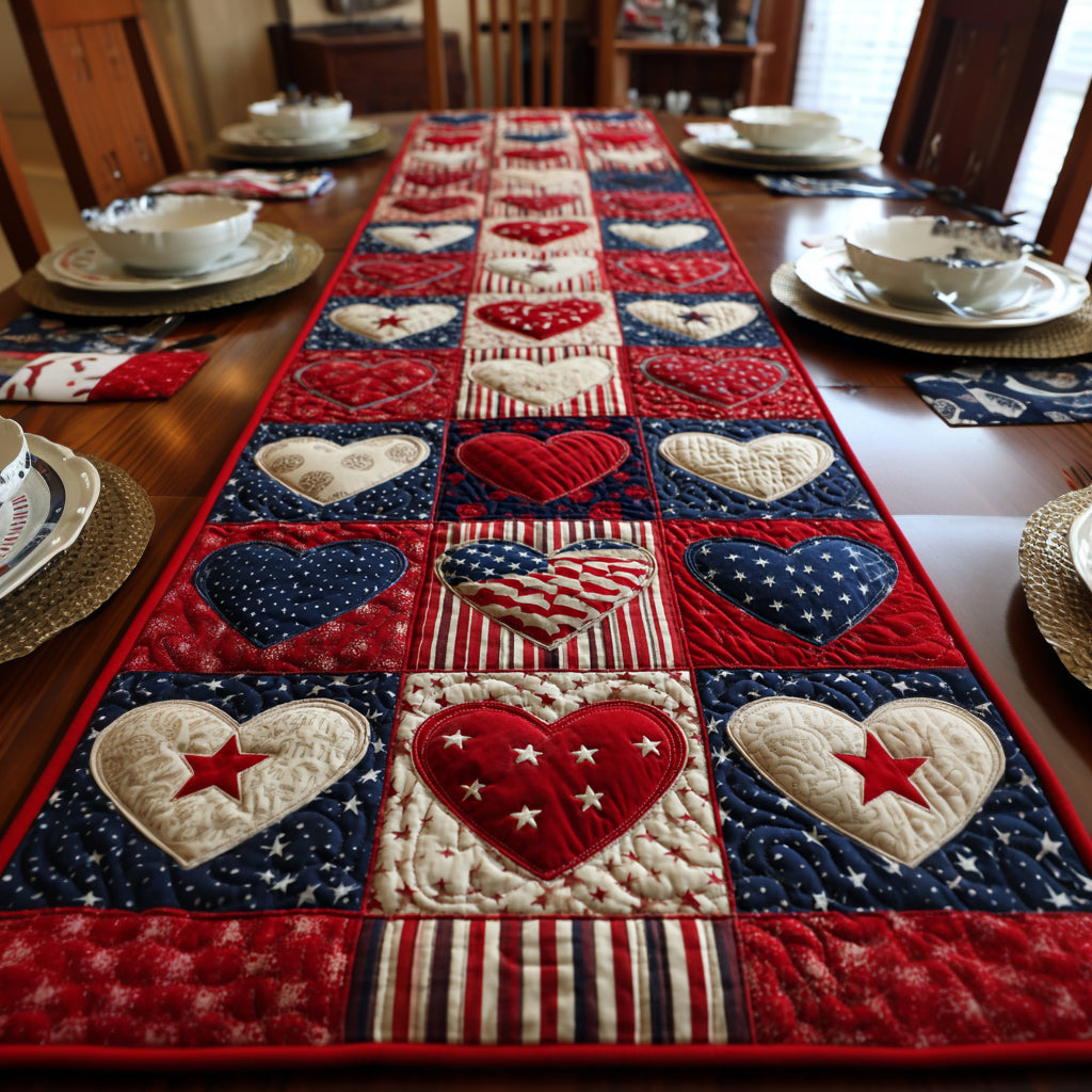 Patriotic Heart Star Quilted Table Runner NCU0HNH759