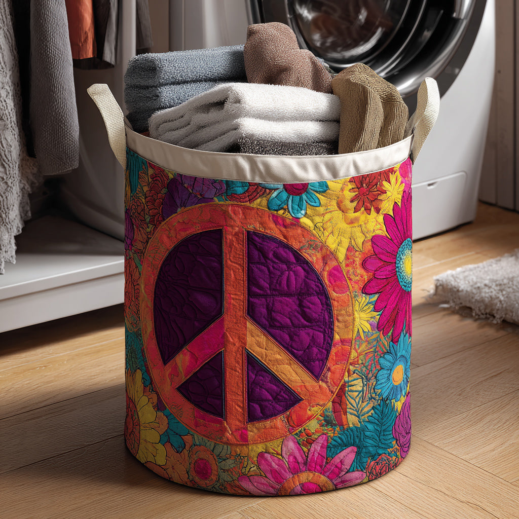 Peace Sign Earth Tone Quilted Laundry Basket NCU0HNH430