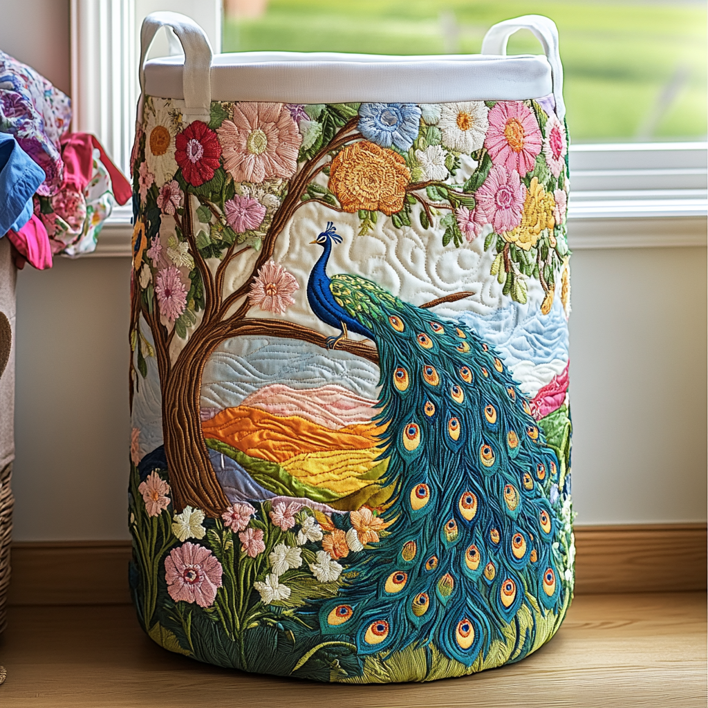 Peacock Charm Quilted Laundry Basket NCU0DDK1048