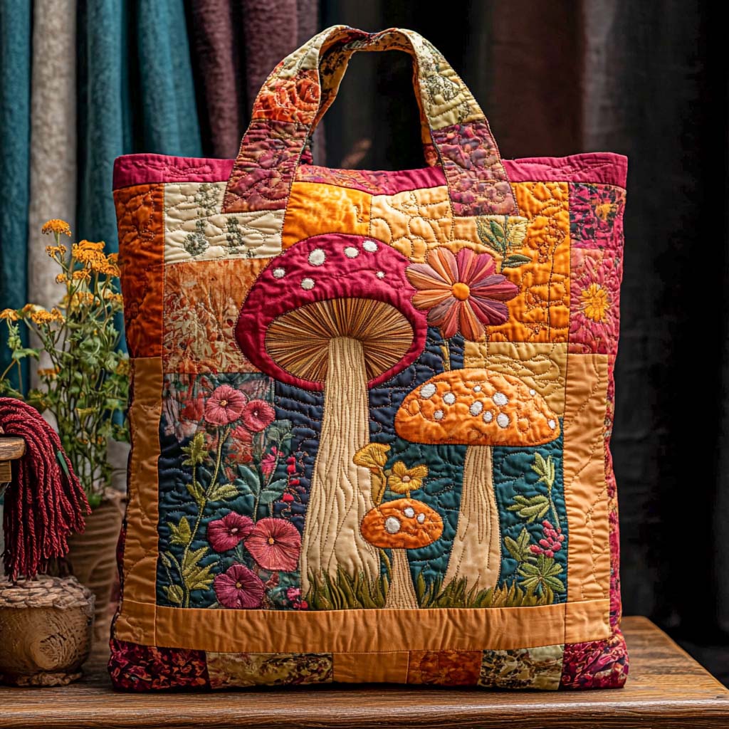 Pink Meadow Mushrooms Quilted Tote Bag NCU0NXD1173