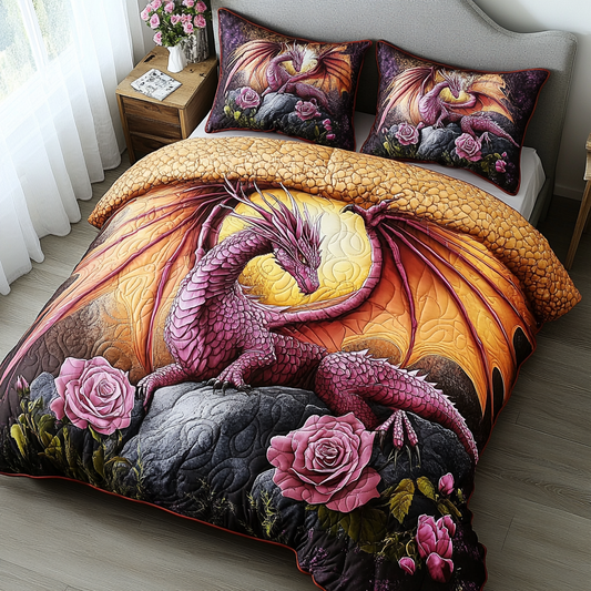 Pink Rose Dragon 3-Piece Quilted Bedding Set NCU0PVL327
