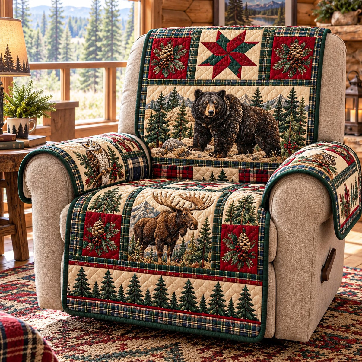Plaid Bear Moose Lodge Quilted Sofa Cover NCU0NTD2361