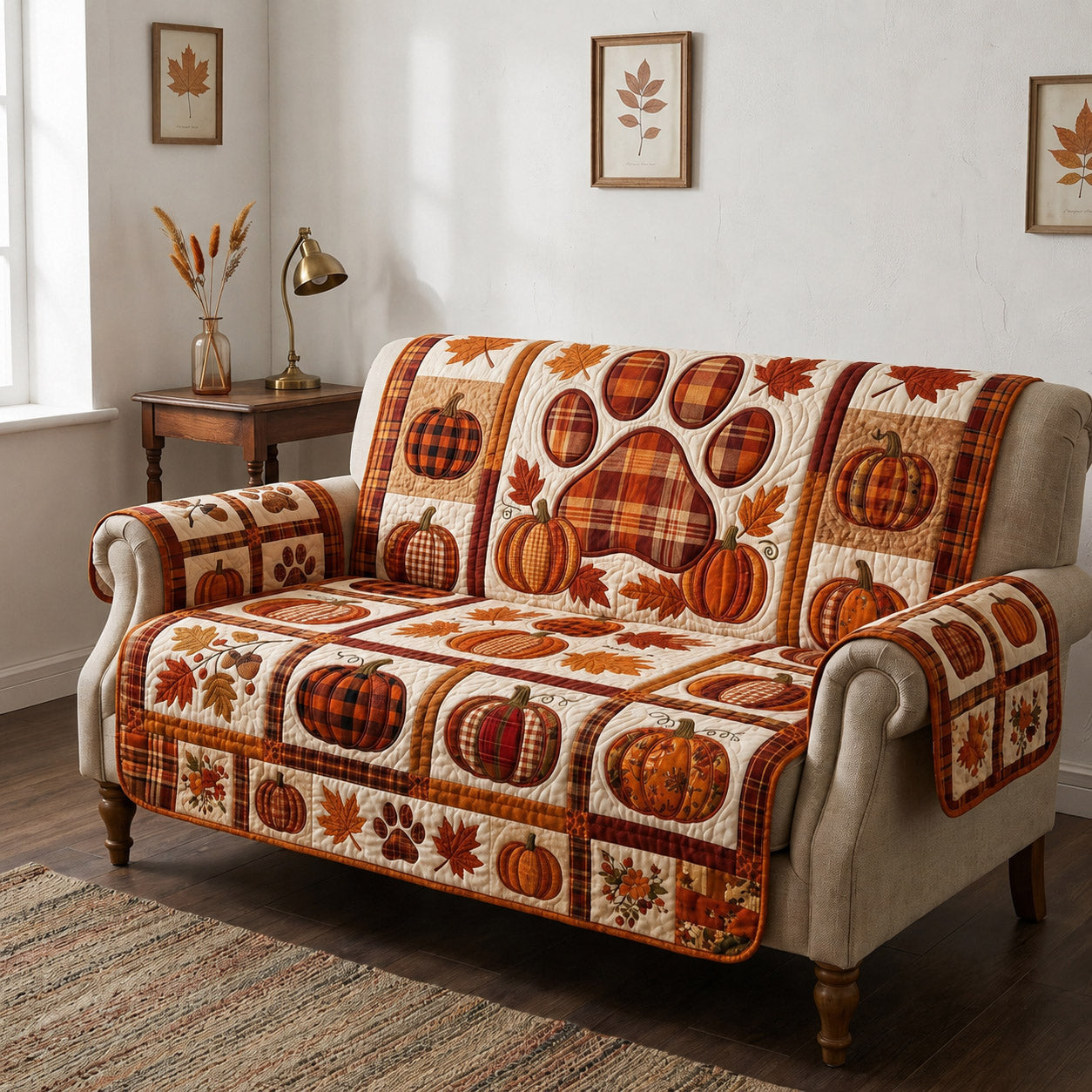 Plaid Pumpkin Pathway Quilted Sofa Cover NCU0HNH1207