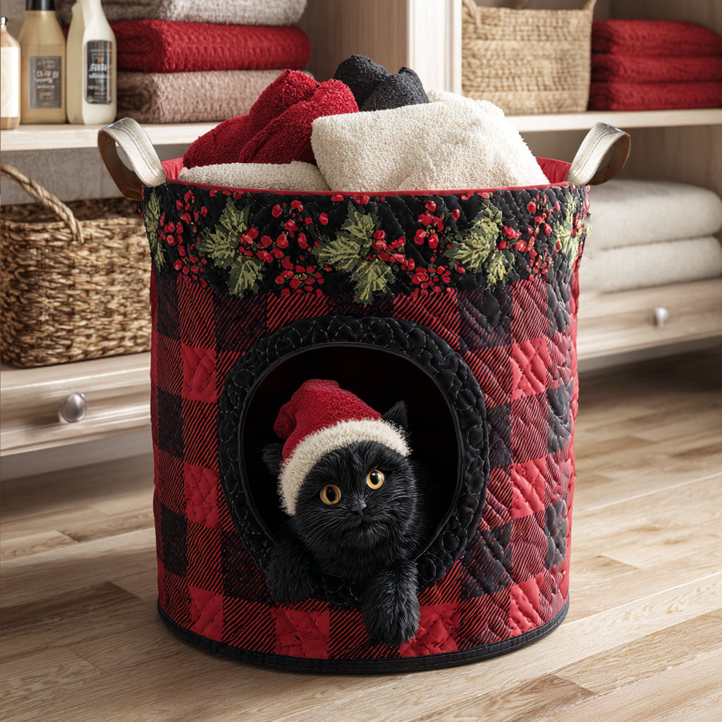 Plaid Santa Cat Quilted Laundry Basket NCU0NTV634