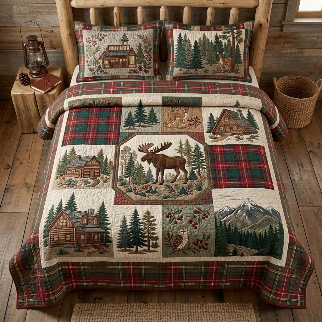 Plaid Woodland Moose 3-Piece Quilted Bedding Set NCU0DQQ0731