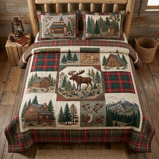Plaid Woodland Moose 3-Piece Quilted Bedding Set NCU0DQQ0731