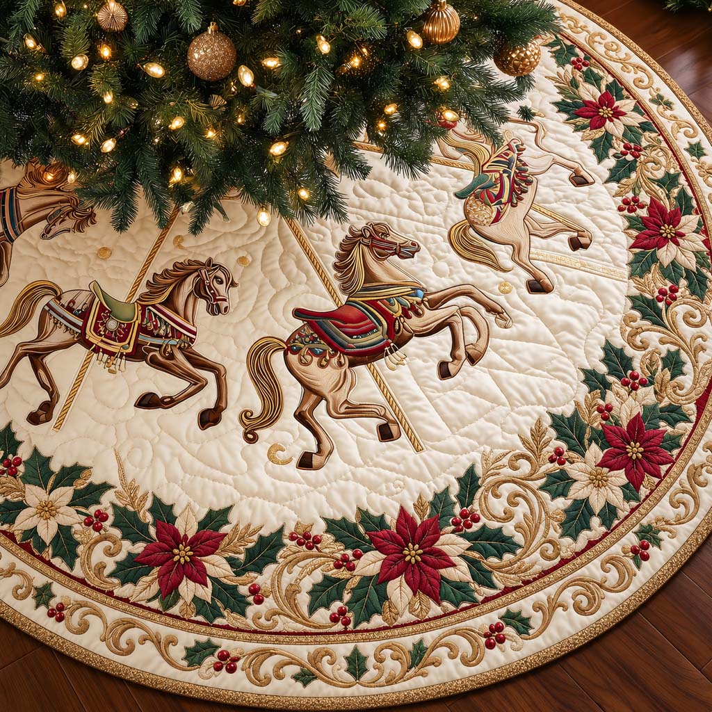 Poinsettia Carousel Christmas Quilted Tree Skirt NCU0HNH1283