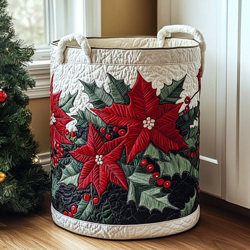 Poinsettia Glow Quilted Laundry Basket NCU0DDK1125