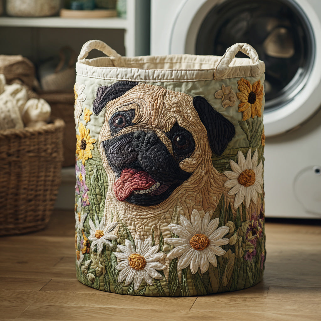 Pug in Daisies Quilted Laundry Basket NCU0HNH069