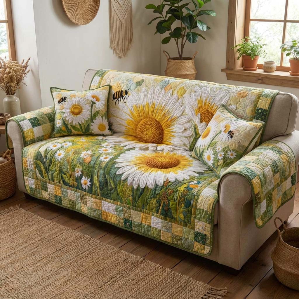 Radiant Flower Bee Quilted Sofa Cover NCU0HNH933