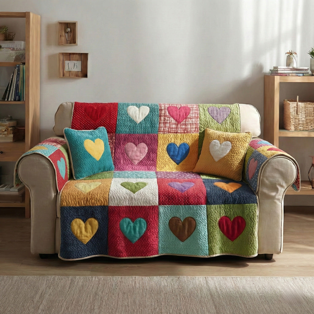 Rainbow Hearts Quilted Sofa Cover NCU0LDH644