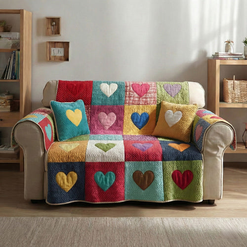 Rainbow Hearts Quilted Sofa Cover NCU0LDH644