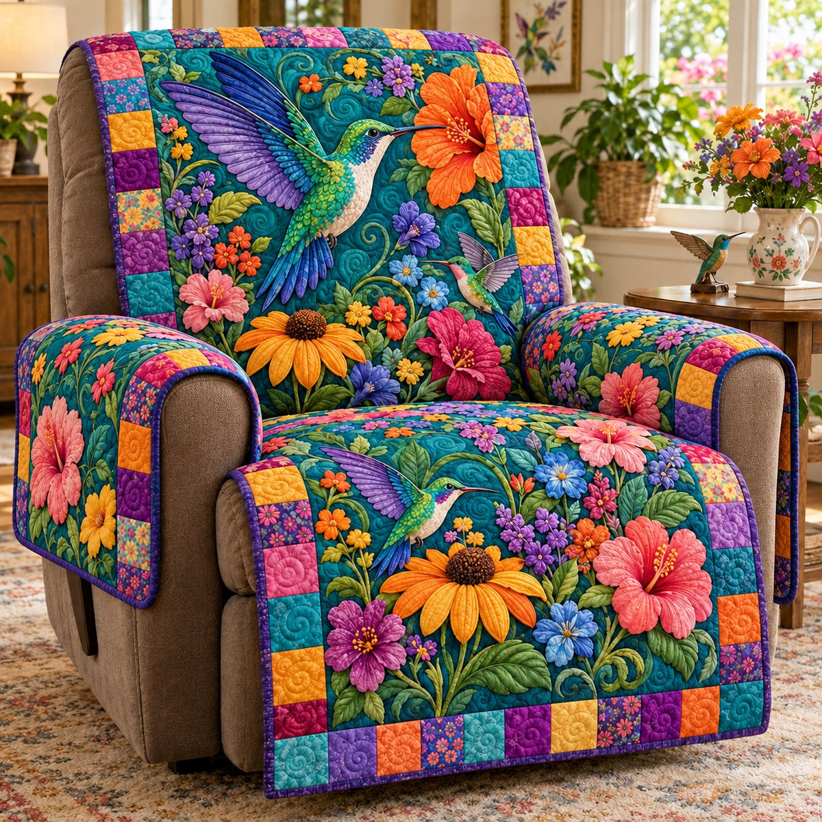 Rainbow Patchwork Hummingbird Quilted Sofa Cover NCU0NTV1180