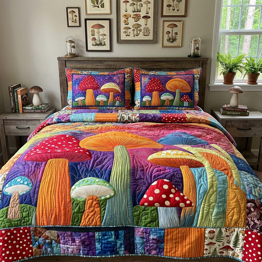 Rainbow Toadstool Garden 3-Piece Quilted Bedding Set NCU0DQQ0689