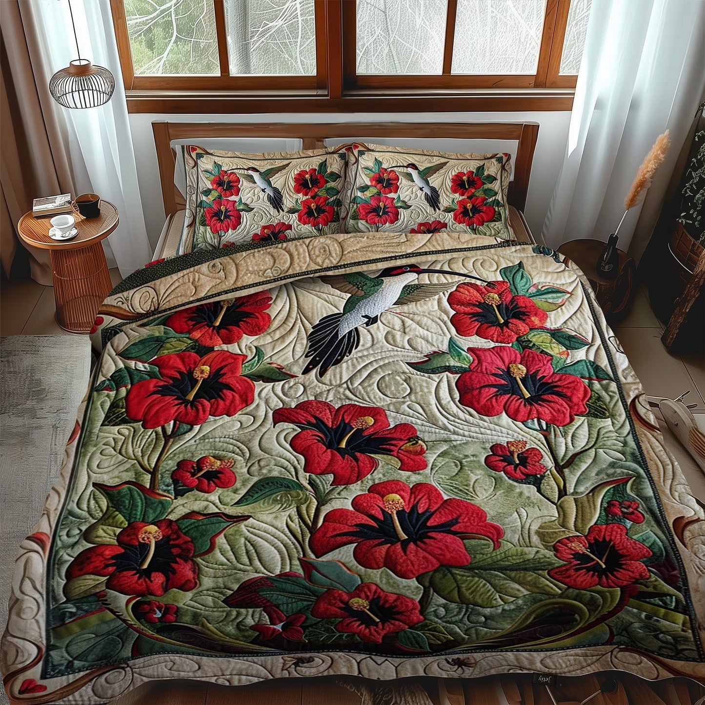 Red Bloom Radiance 3-Piece Quilted Bedding Set NCU0PT025