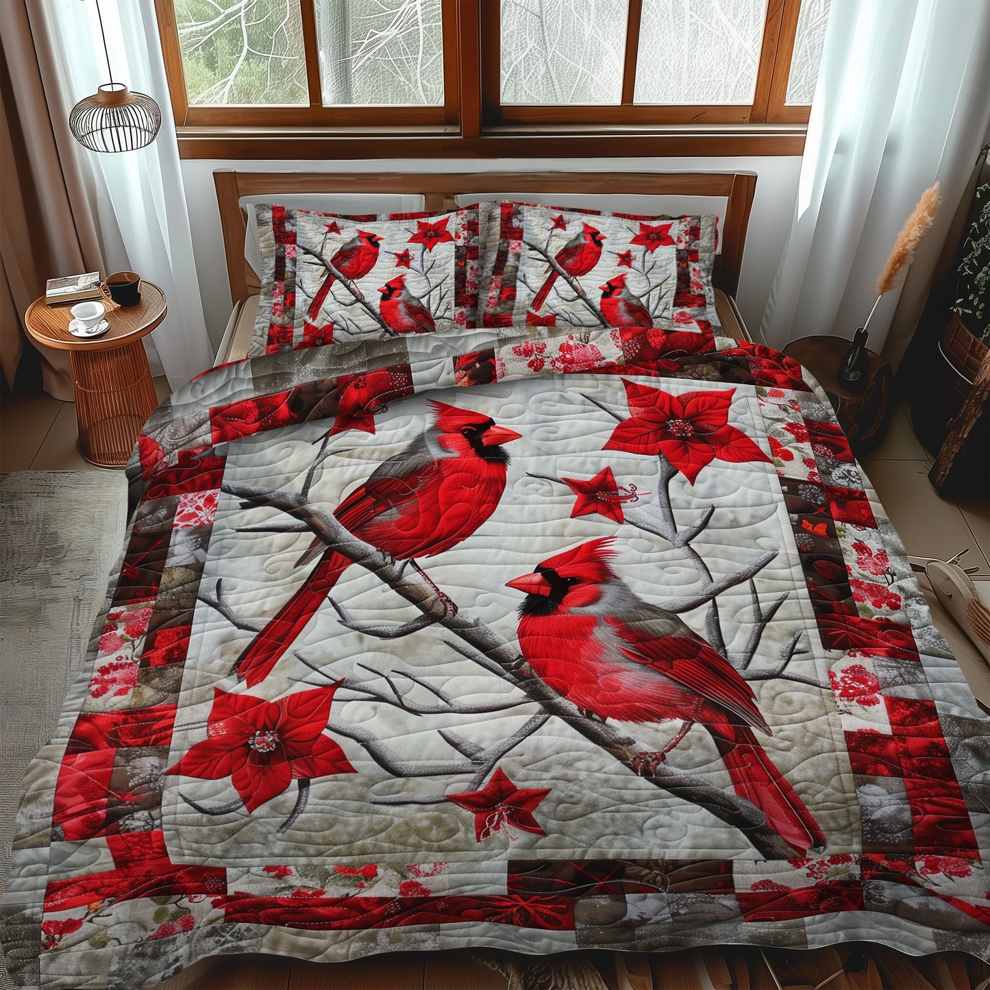 Red Cardinal 3-Piece Quilted Bedding Set NCU0TH927