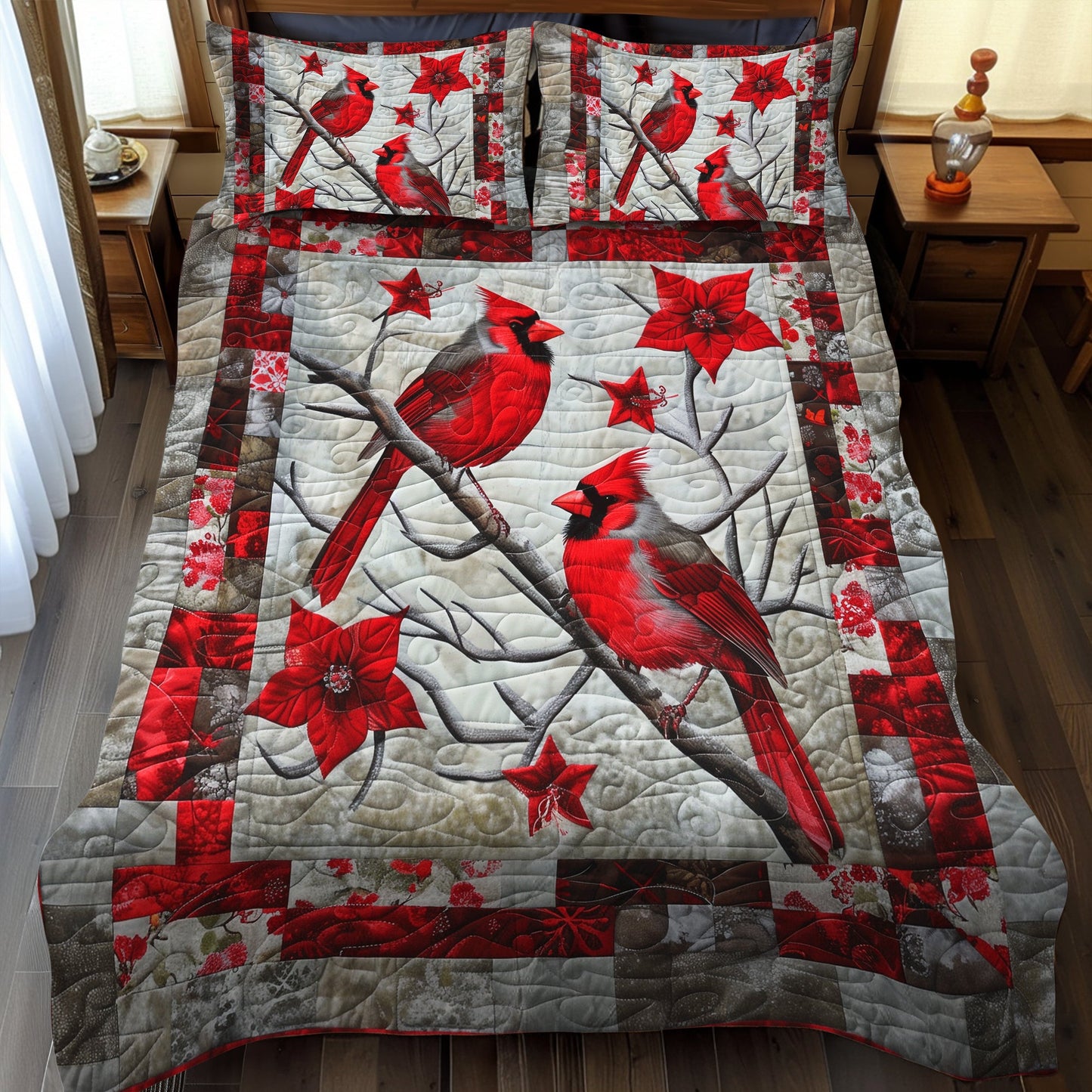 Red Cardinal 3-Piece Quilted Bedding Set NCU0TH927