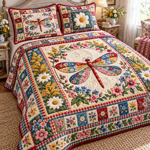 Red Patchwork Dragonfly 3-Piece Quilted Bedding Set NCU0NTD2444