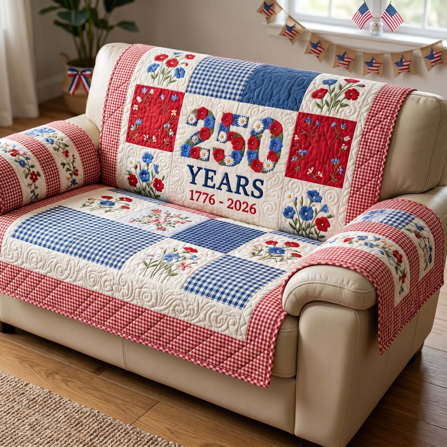 Red White Floral Quilted Sofa Cover NCU0HNH1045