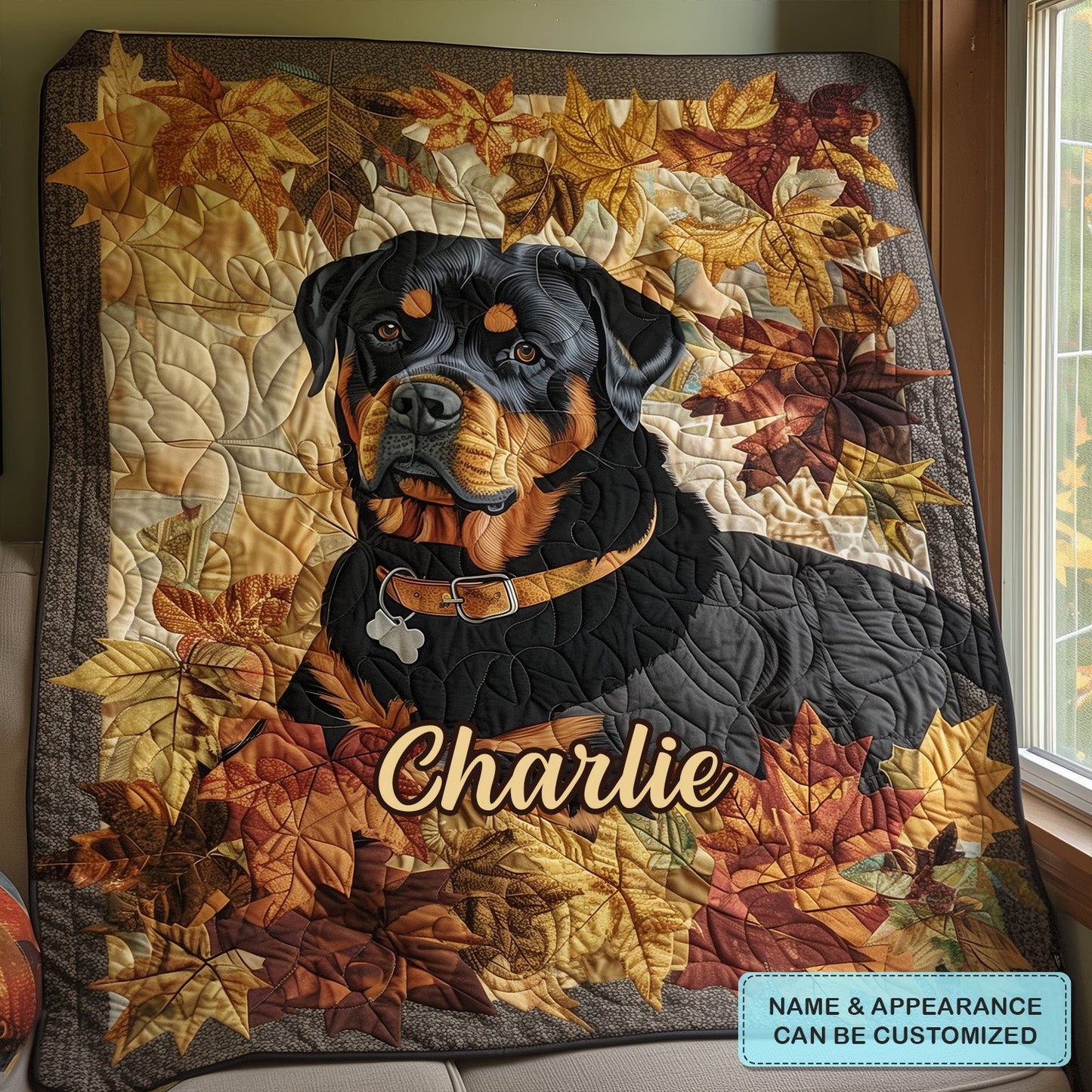 Rottweiler's Autumn Breeze Personalized Quilted Blanket