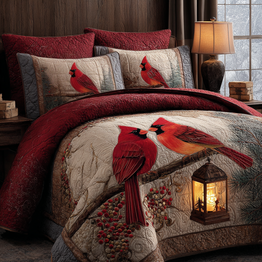 Rustic Cardinals 3-Piece Quilted Bedding Set NCU0DV1509