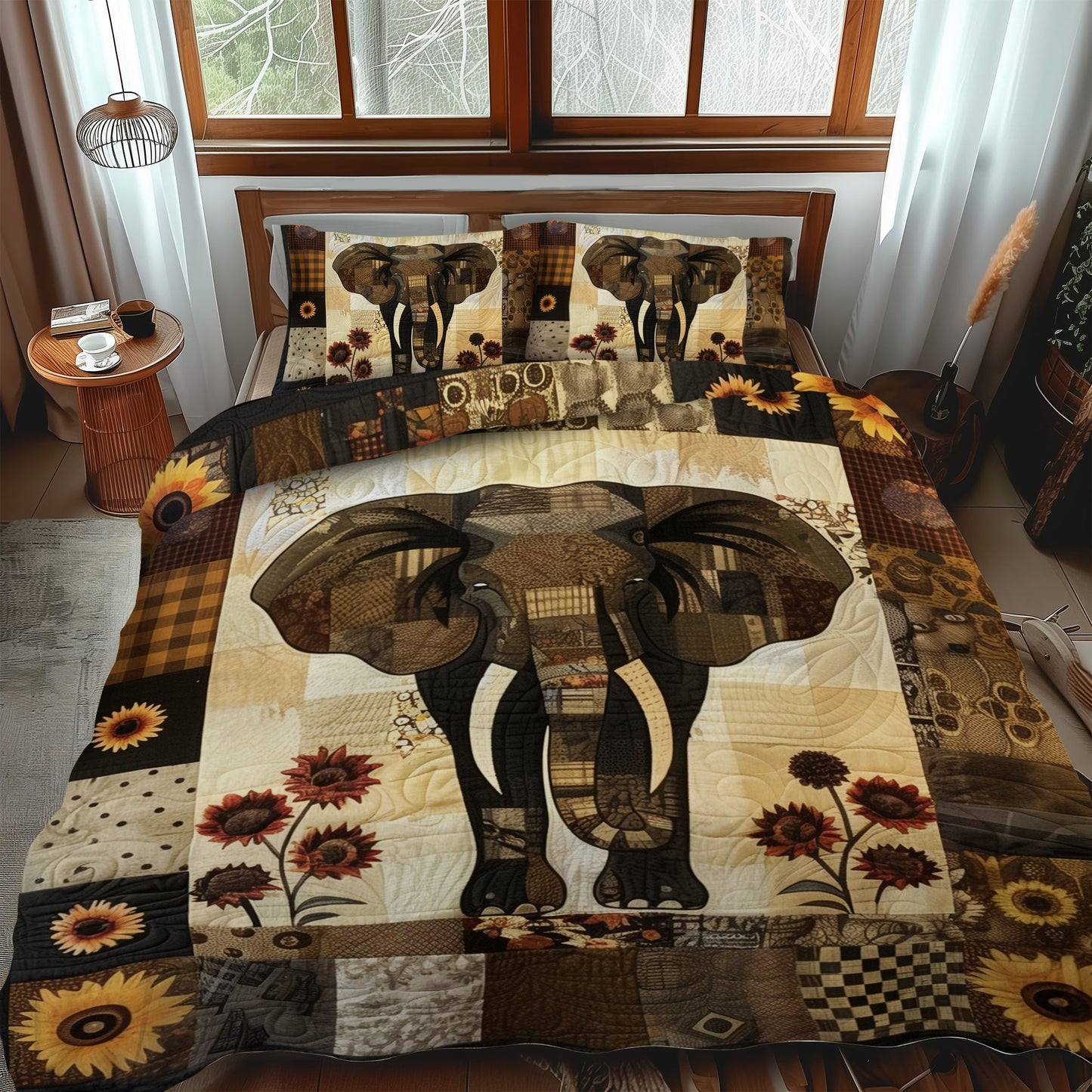 Rustic Sunflower Elephant 3-Piece Quilted Bedding Set NCU0TH899