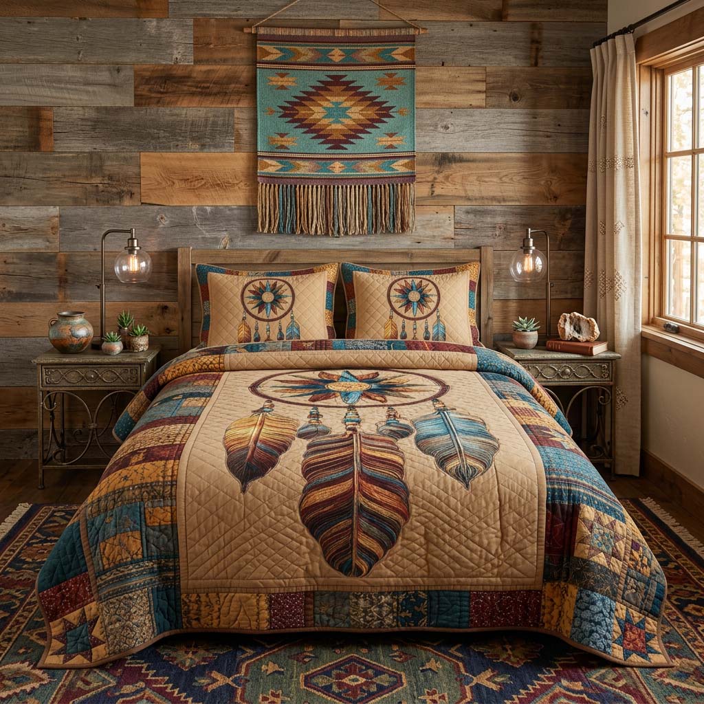 Rustic Compass Feather 3-Piece Quilted Bedding Set NCU0DQQ0719