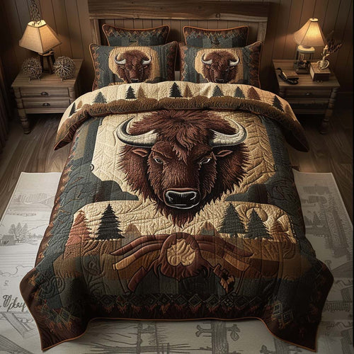 Rustic Pine Bison 3-Piece Quilted Bedding Set NCU0DQQ0495