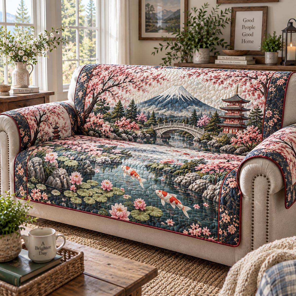 Sakura Bridge Garden Quilted Sofa Cover NCU0DV2453