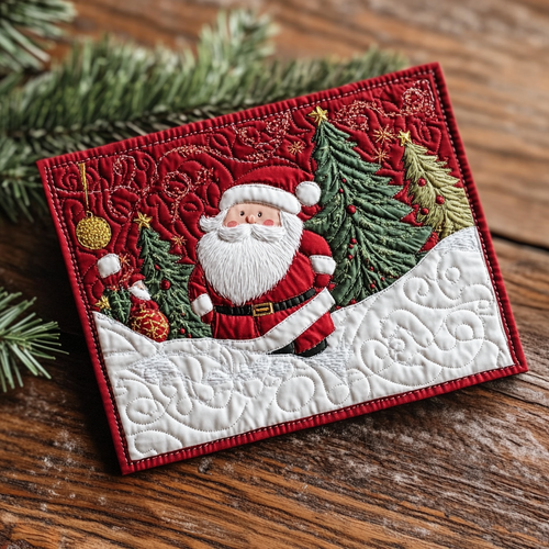 Santa Greeting Quilted Fabric Postcard NCU0DDK1871
