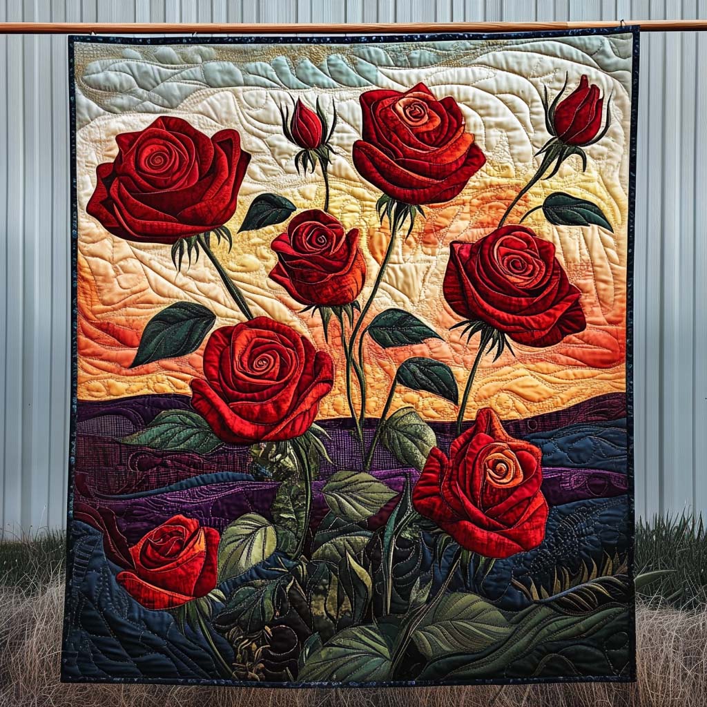 Scarlet Sunset Roses Art Quilt Hanging NCU0NT848