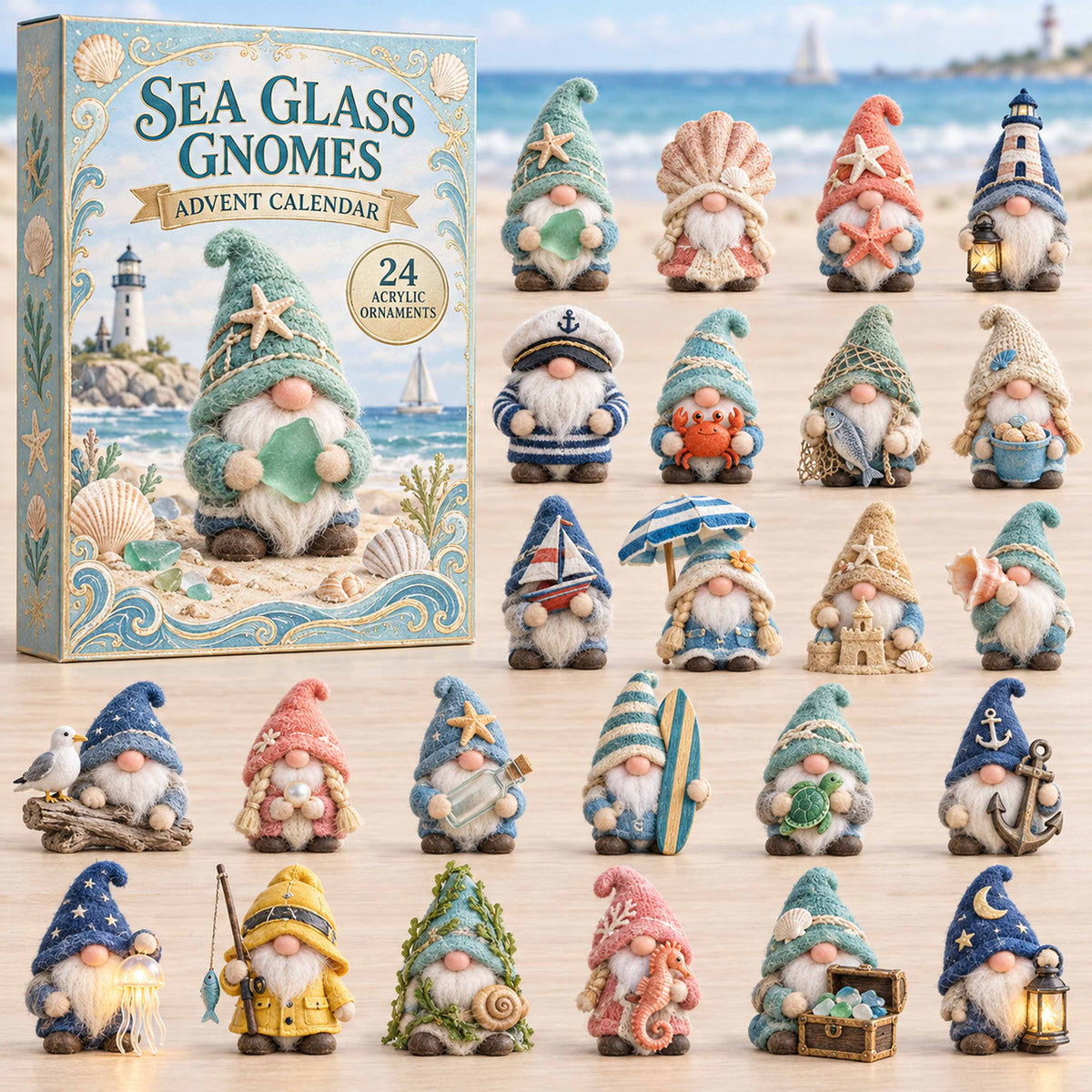 CHRISTMAS KICKOFF 40% OFF - Sea Glass Gnomes Advent Calendar 2026 - 24-Day Festive Countdown, Acrylic Charms Blind Box - Gift For Family and Friends AC0TD053