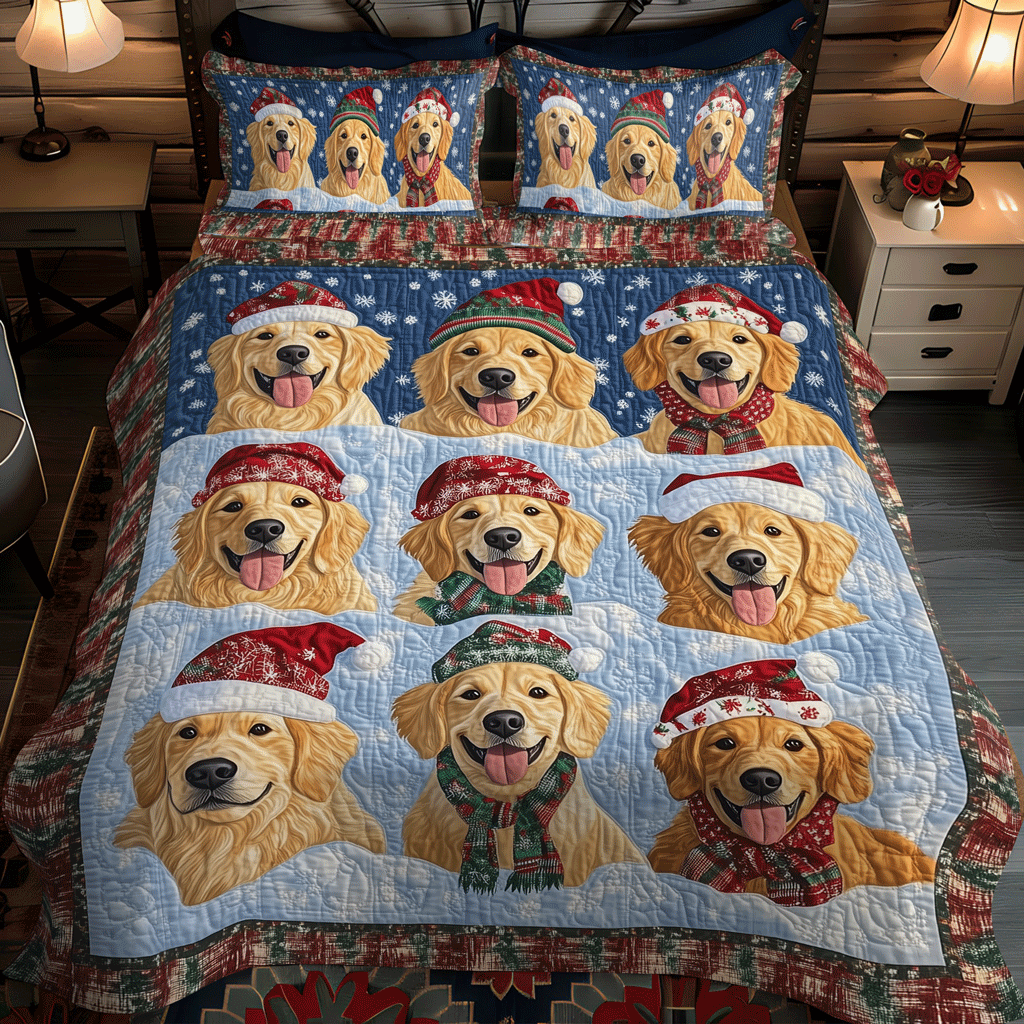 Snow Golden Puppy 3-Piece Quilted Bedding Set NCU0TH1634