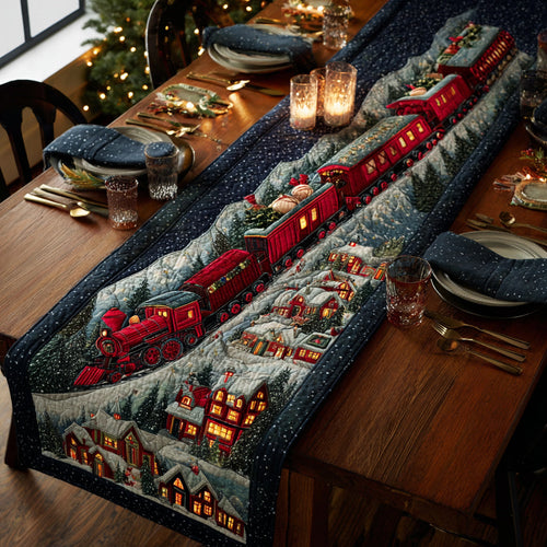 Snowflake Village Train Quilted Table Runner NCU0HNH417