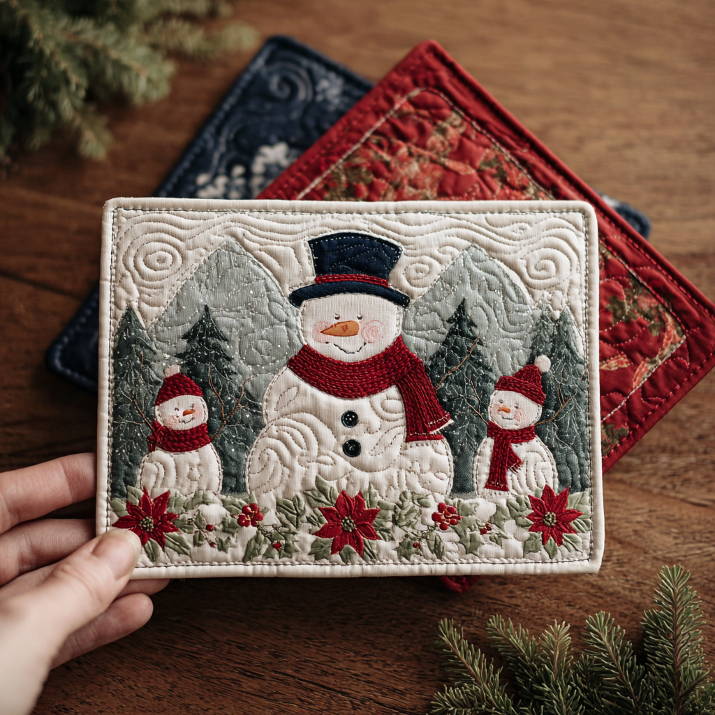 Snowman Joy Quilted Fabric Postcard NCU0DDK1888