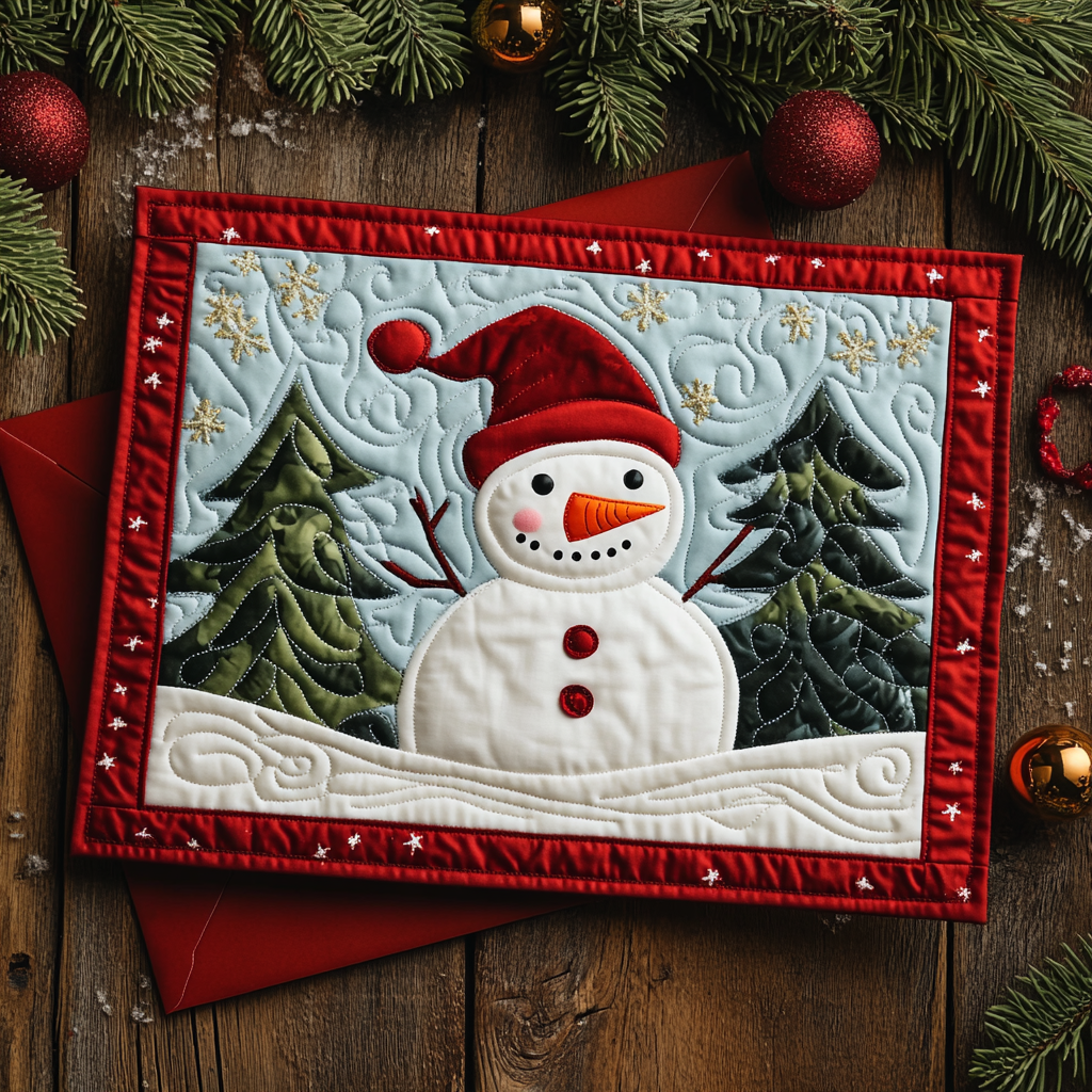 Snowman Scene Quilted Fabric Postcard NCU0DDK1894