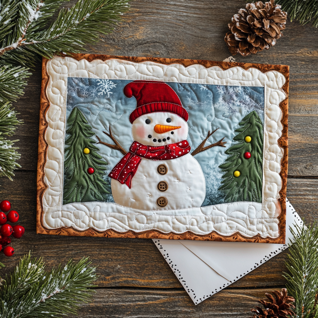 Snowman Spirit Quilted Fabric Postcard NCU0DDK1895