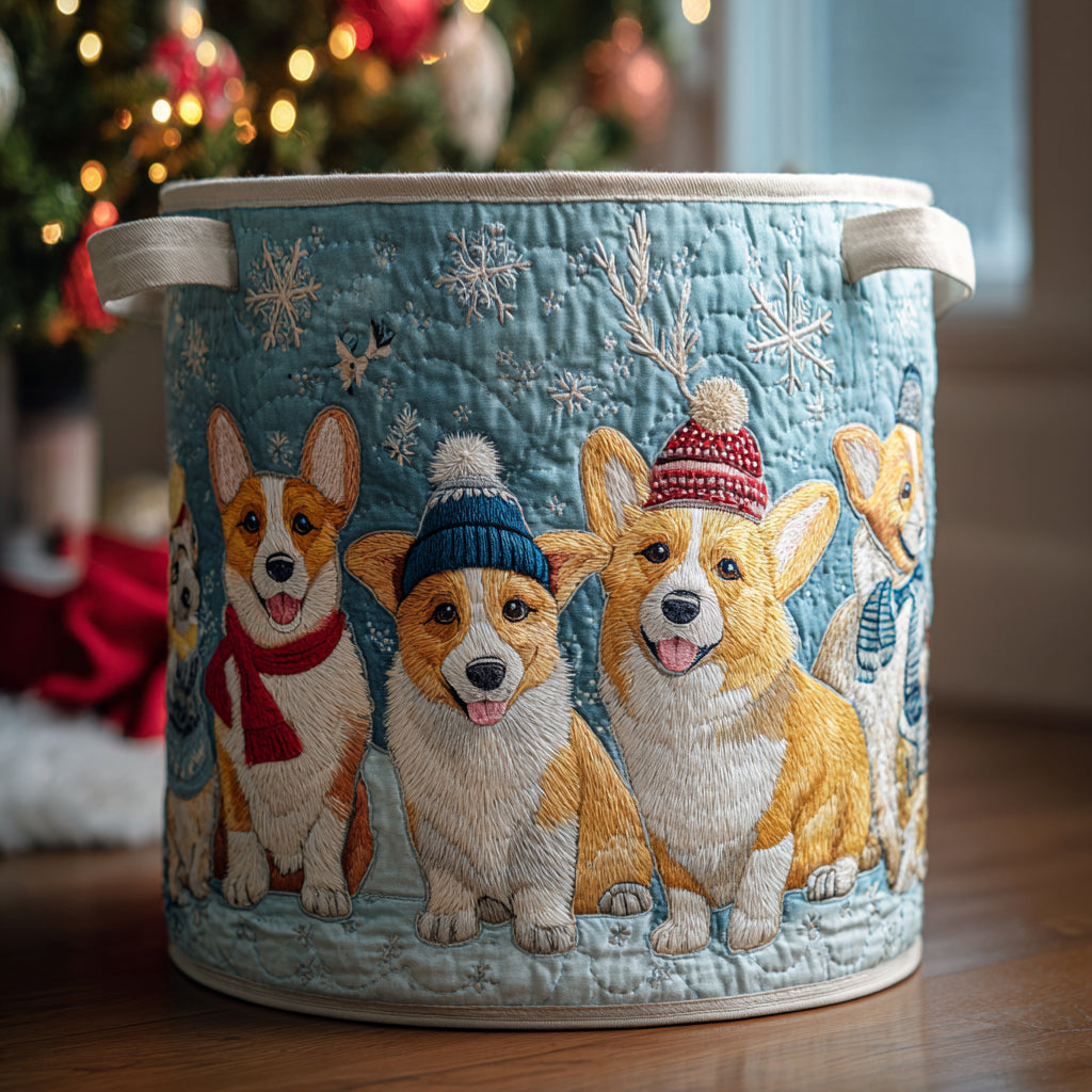 Snowy Corgi Cheer Quilted Laundry Basket NCU0DV1140