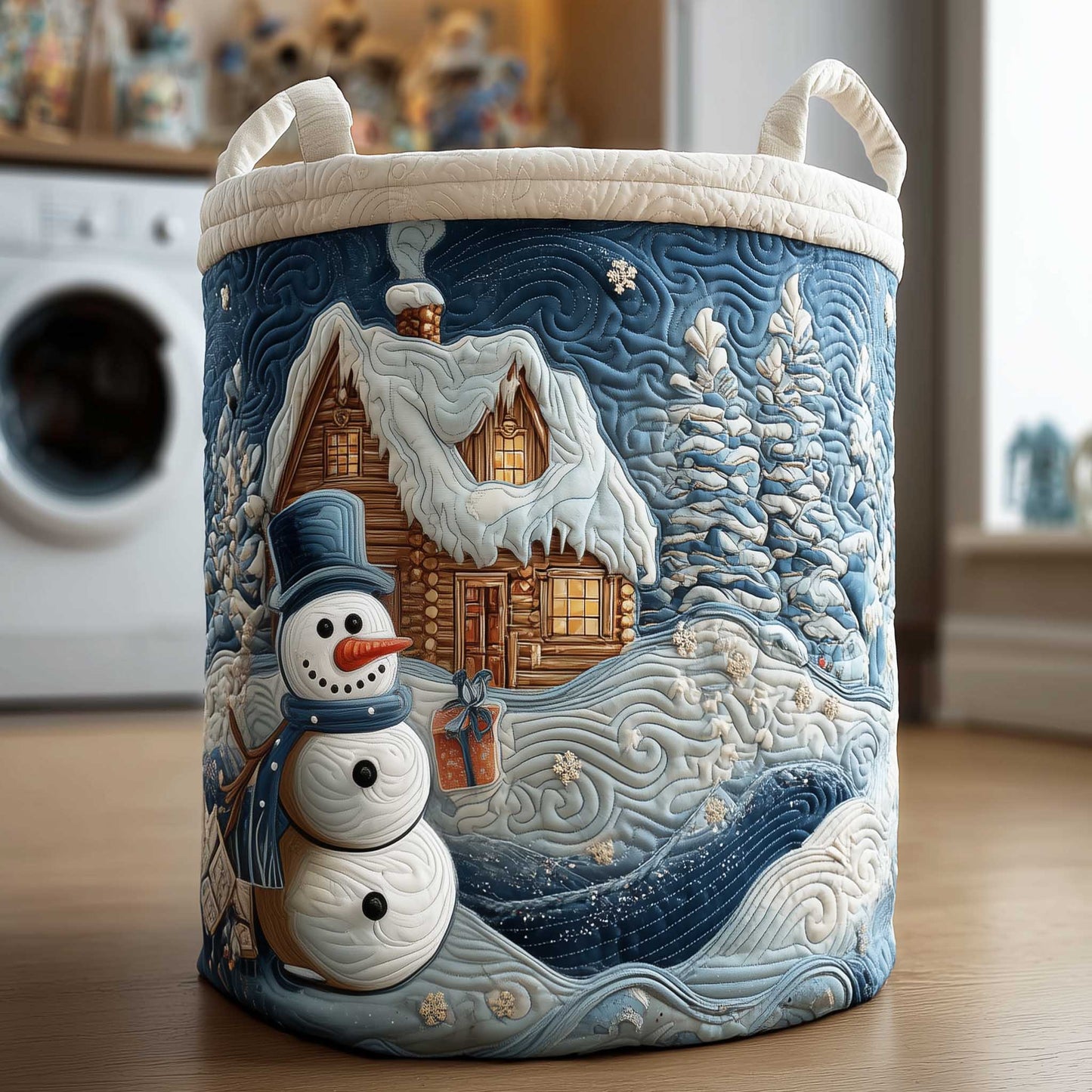 Snowy Cottage Winter Quilted Laundry Basket NCU0HTT039