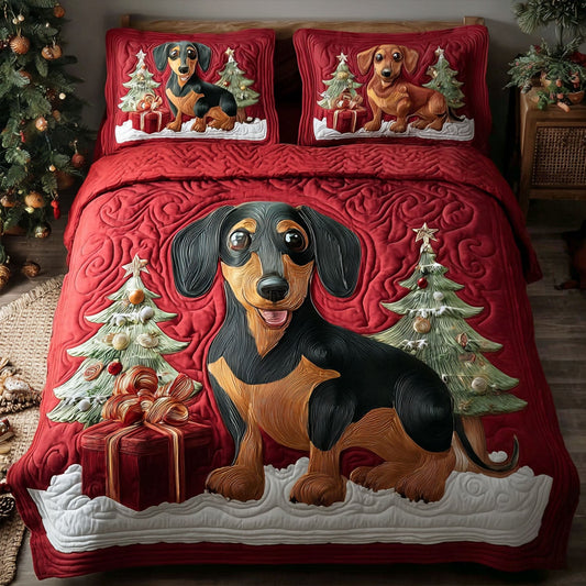 Snowy Sausage Dog 3-Piece Quilted Bedding Set NCU0PTT1459