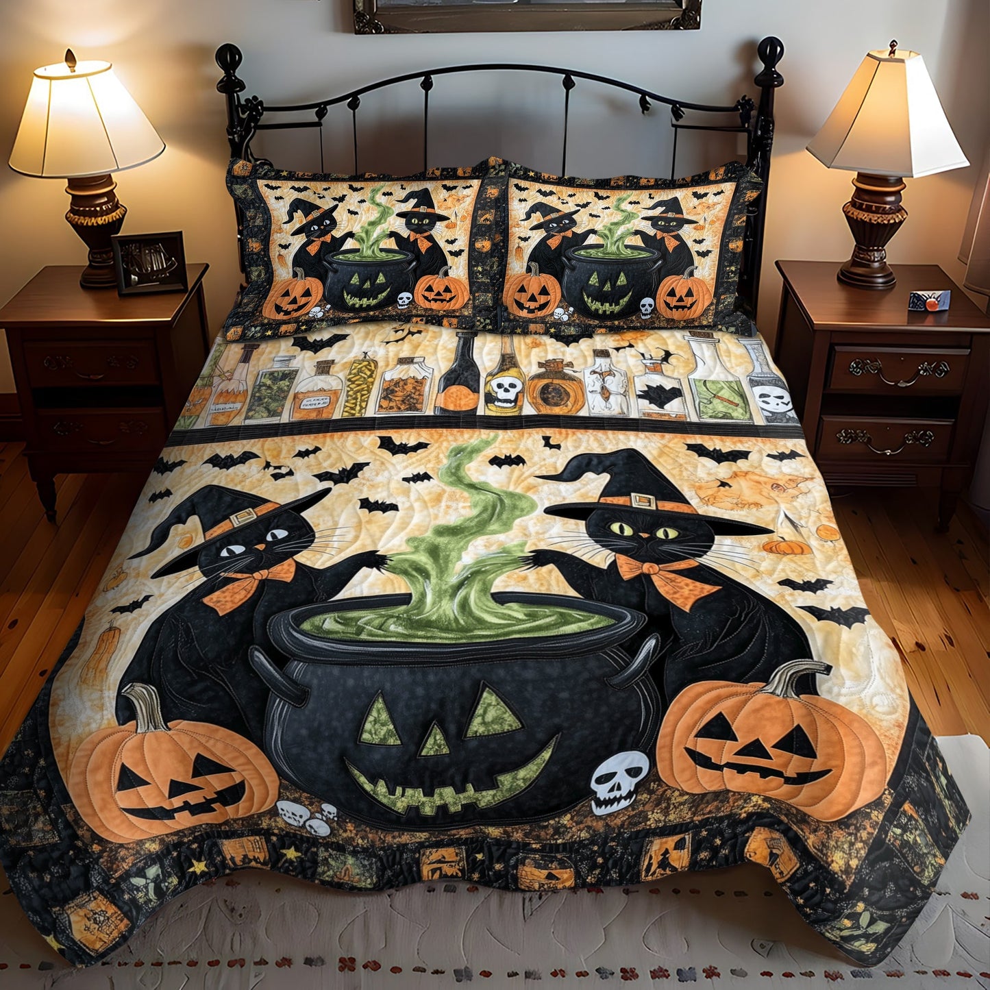 Spooky Cauldron Cats 3-Piece Quilted Bedding Set NCU0TH1666
