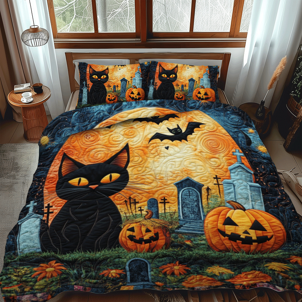 Spooky Halloween Cat 3-Piece Quilted Bedding Set NCU0PD632