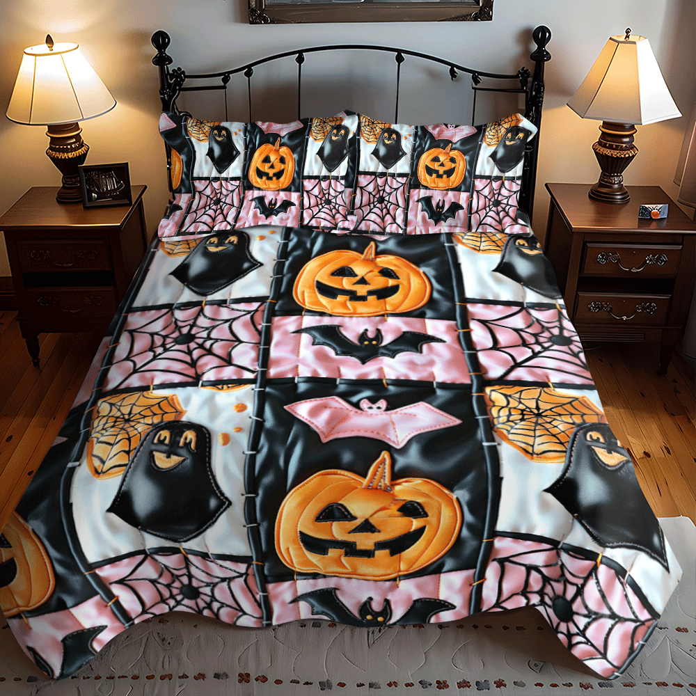Spooky Skeleton Halloween 3-Piece Quilted Bedding Set NCU0PD806