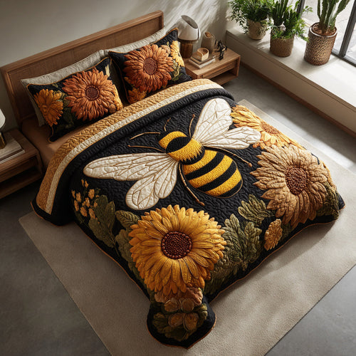 Sunflower Bee 3-Piece Quilted Bedding Set NCU0HNH299