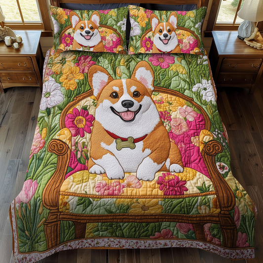 Sunny Corgi Garden 3-Piece Quilted Bedding Set NCU0DK1604