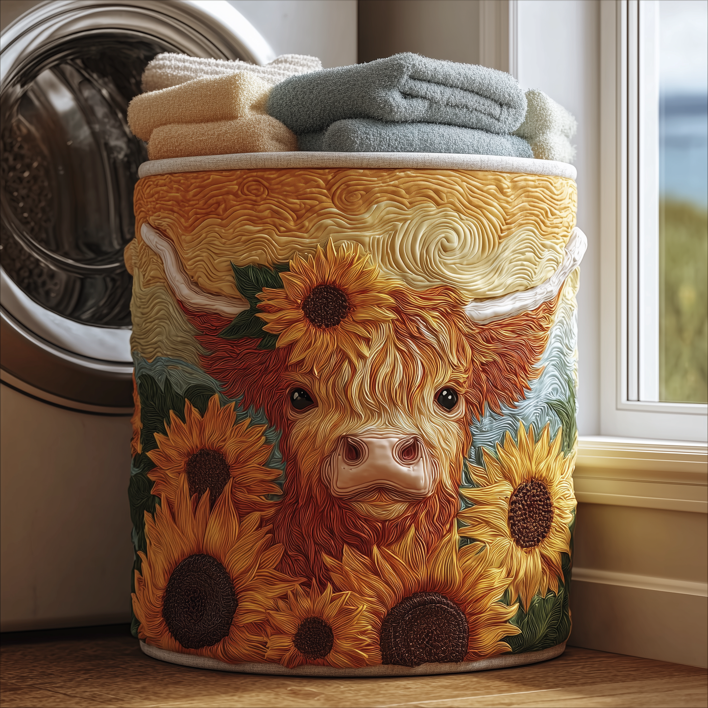 Sunny Highland Cow Quilted Laundry Basket NCU0TH2935